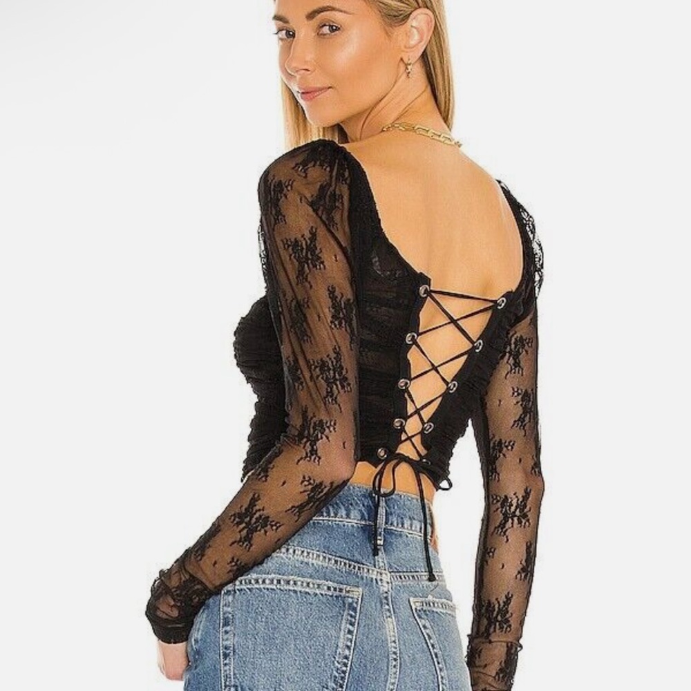 Free People Black Puff Sleeve Backless Blouse